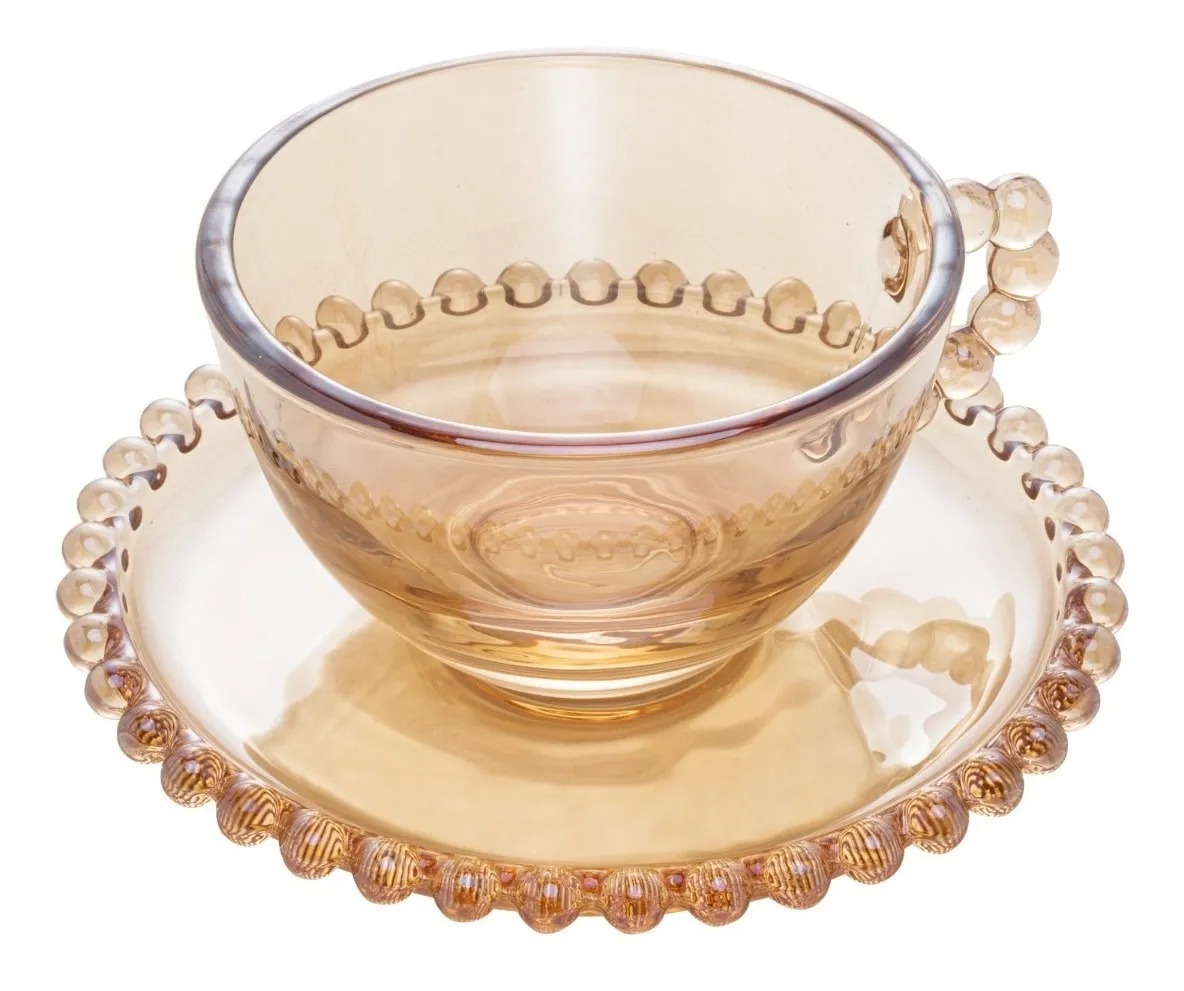 Conjunto 4 Xícaras de Chá de Cristal Âmbar com Pires Pearl 180ml - Wolff
