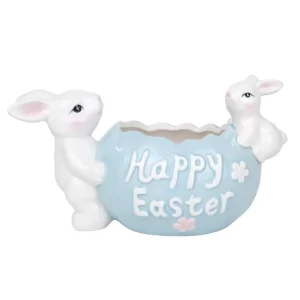 Pote Dois Coelhos Em Cerâmica Azul (Cerâmica Sweet)