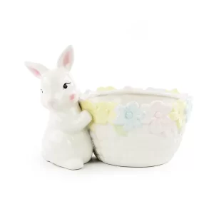 Coelho Decorativo Com Cesta Florida Colorido Cerâmica Sweet 18,5x13,5x13cm Páscoa
